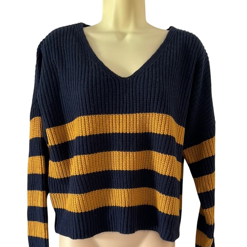 Say What? Blue and Gold V-Neck Sweater with Ribbed Texture Size Large Boxy